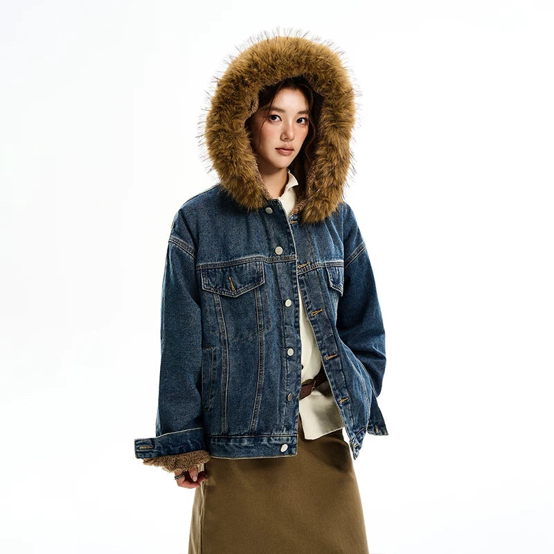 Fur Collar Hooded Denim Jacket