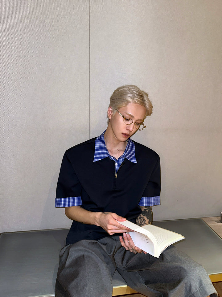 Kariertes Kragen Kurzarm Polohemd 