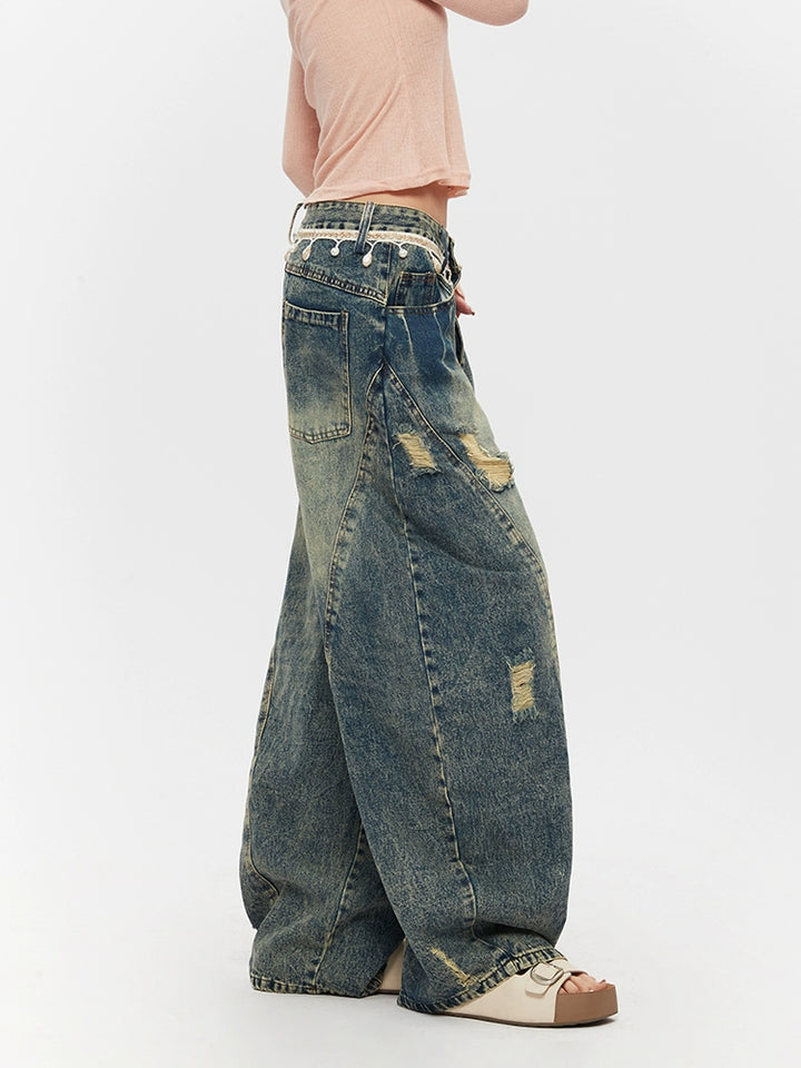 Distressed Loose Wide-Leg Straight Jeans