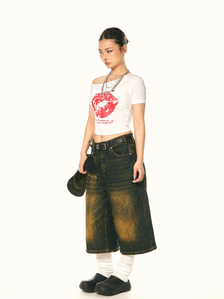 Off-Shoulder Rivet Graphic Top