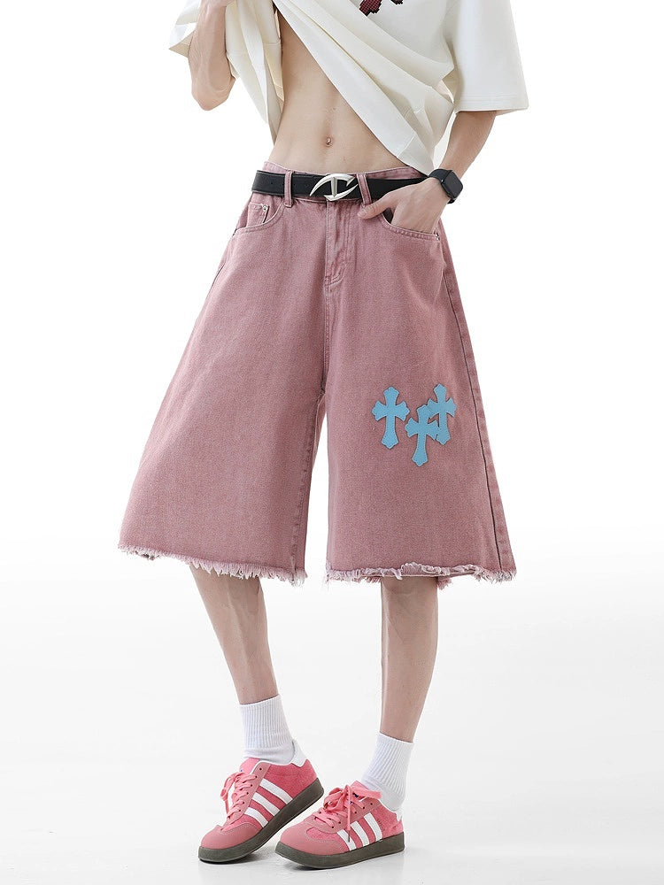 Patch Embroidery Raw Edge Denim Shorts