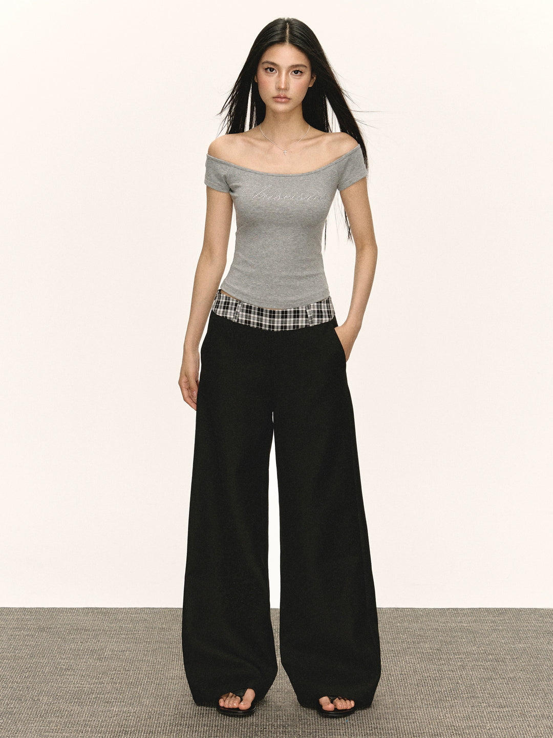 Retro Wide Leg Plaid Waist Pants