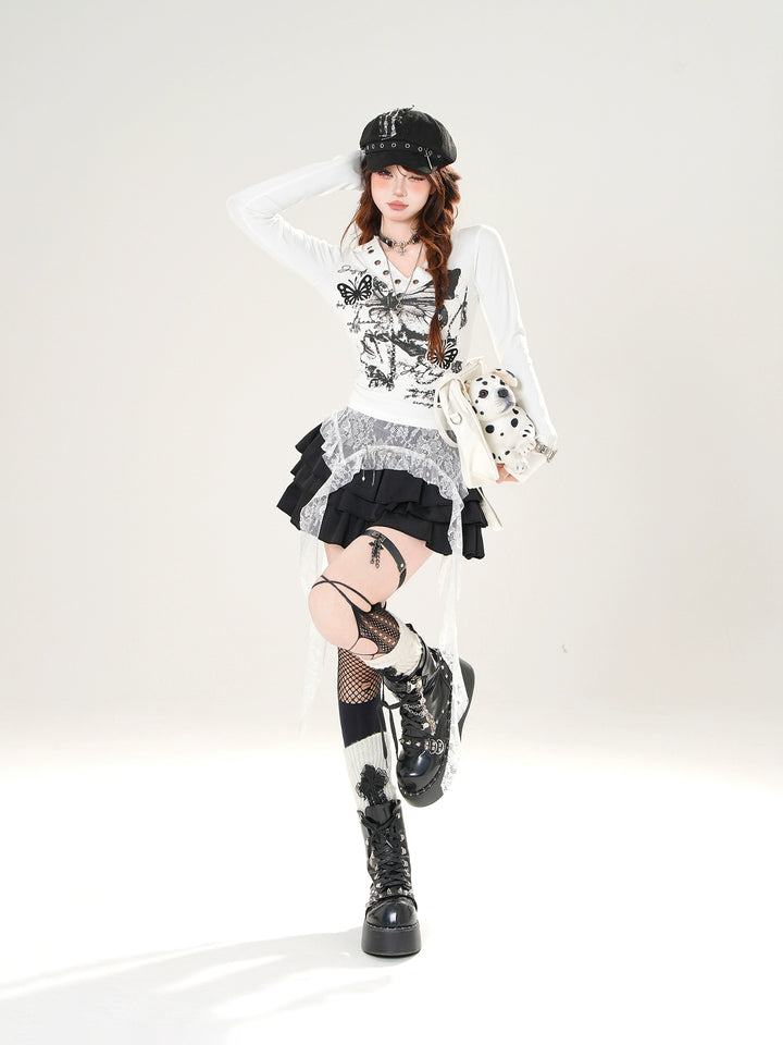 Butterfly Print V-Neck Long Sleeve Top