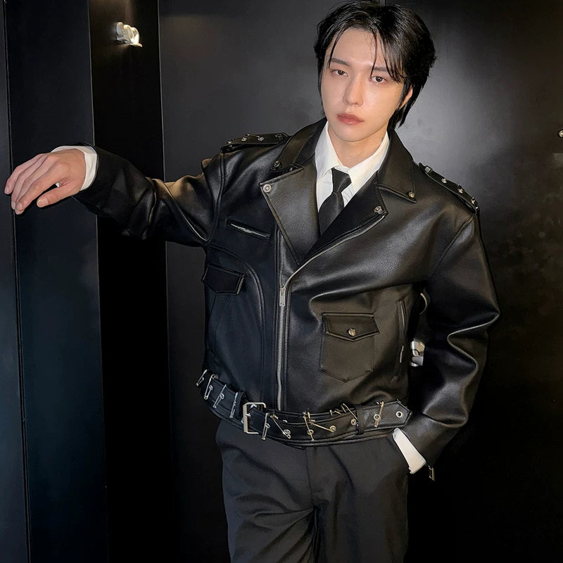 Buckle Detail Motorcycle Leather Jacket