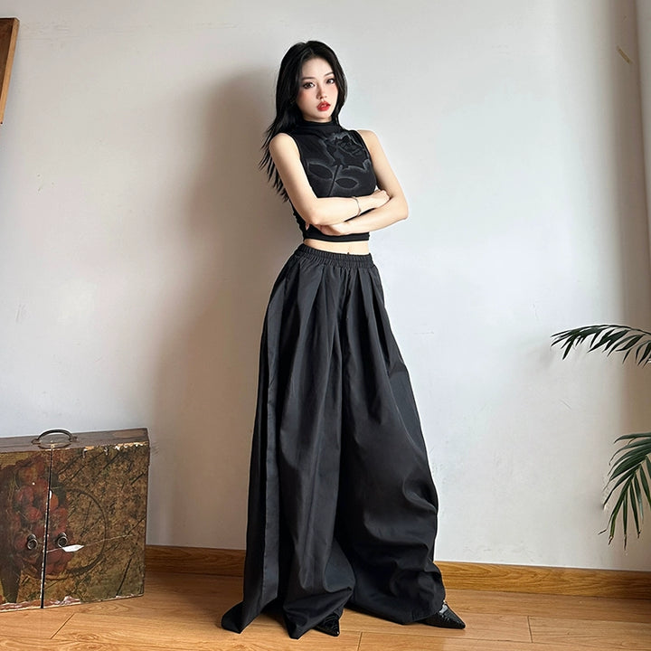 Elastische High-Waist-Hosen mit weitem Bein 