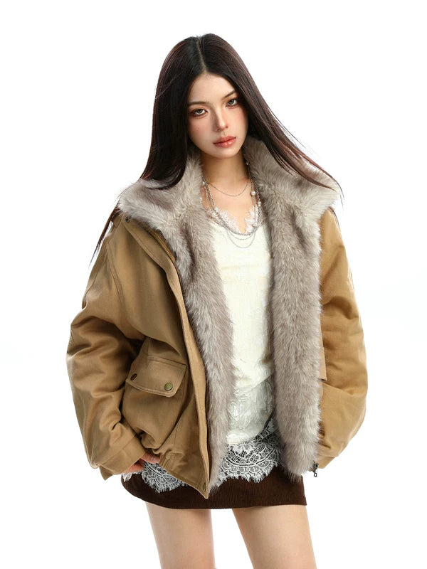 Chaqueta parka oversized con cuello de piel sintética 