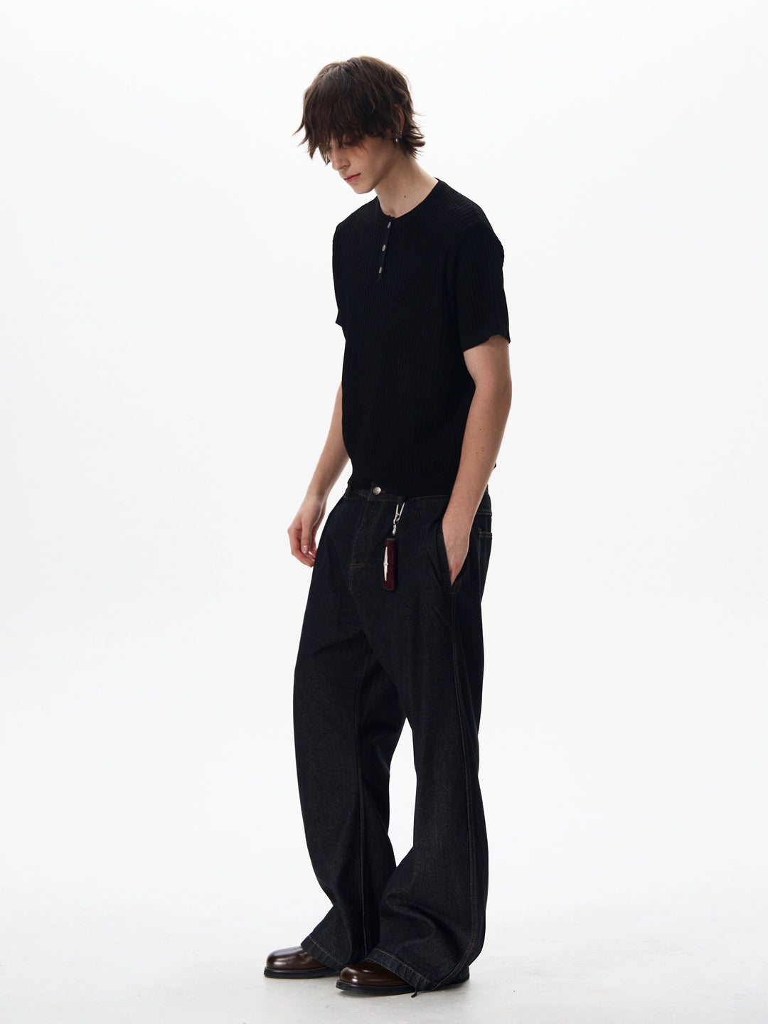 Textured Henley Collar Short Sleeve Pullover