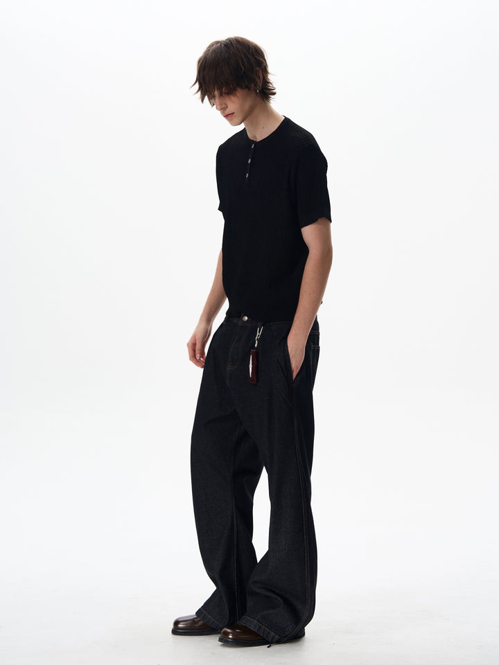 Textured Henley Collar Short Sleeve Pullover