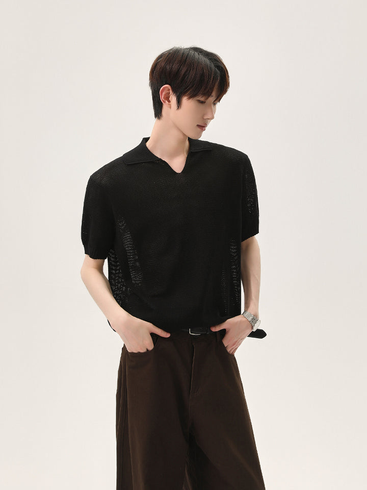 Knitted Lapel Short-Sleeve Pullover