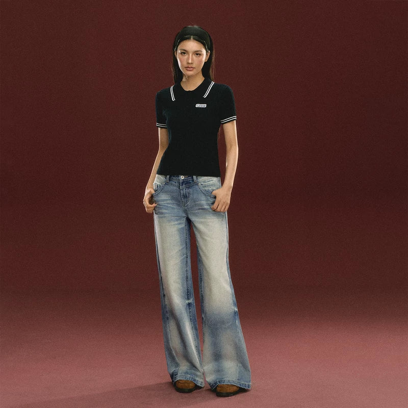 Retro Wide Leg Denim Pants (No Belt Included）