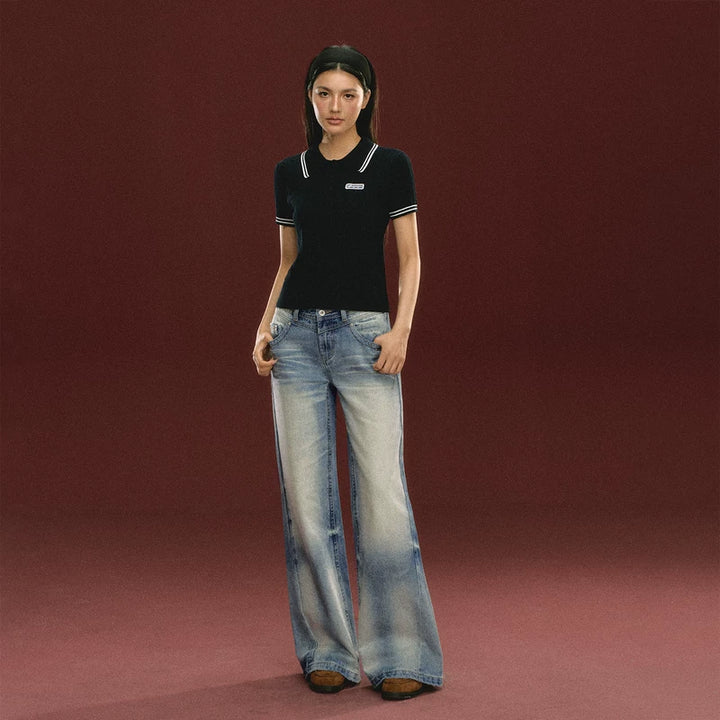 Retro Wide Leg Denim Pants (No Belt Included）