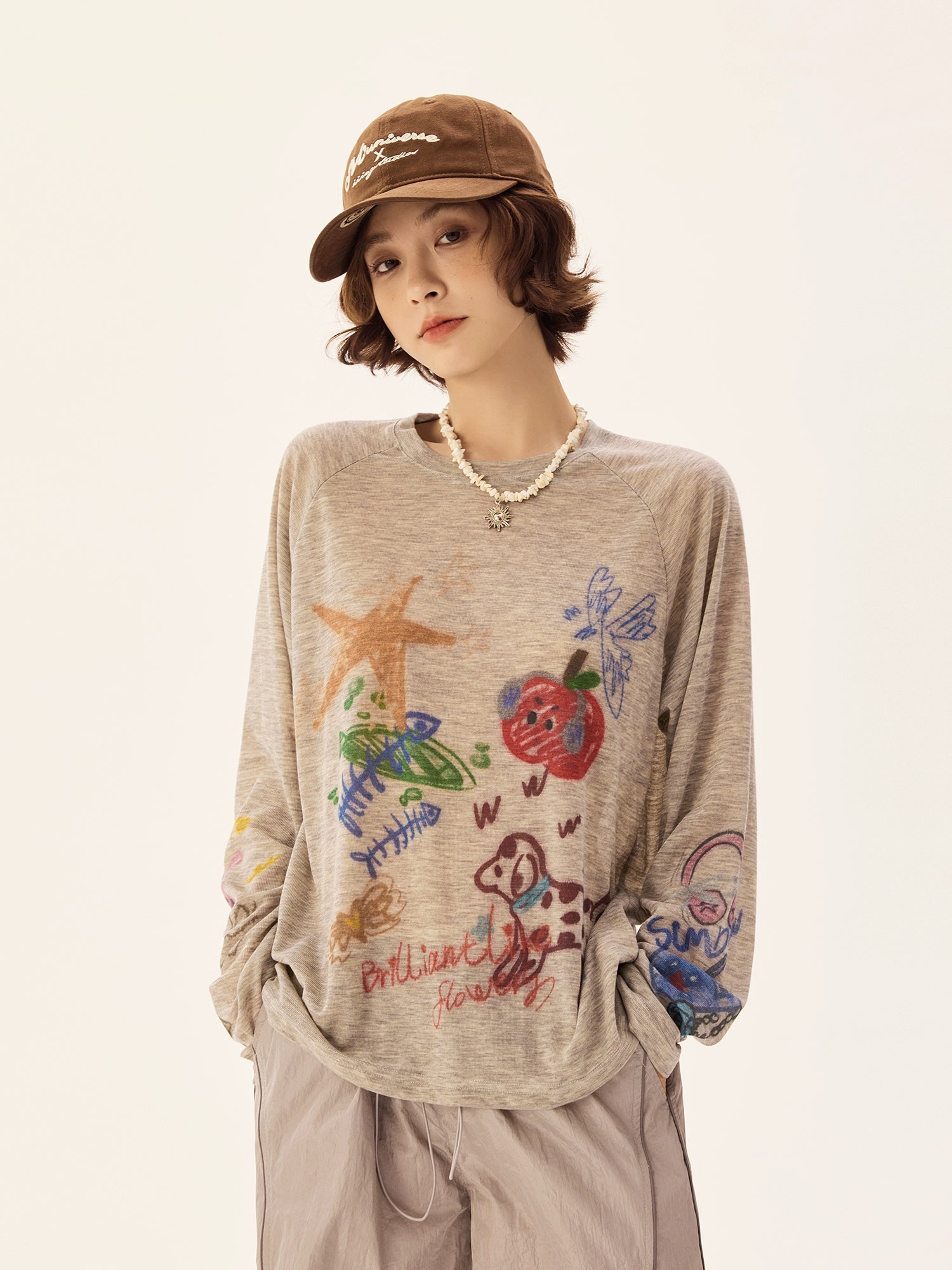 Retro Graffiti Chiffon Langarm-Turtleneck 