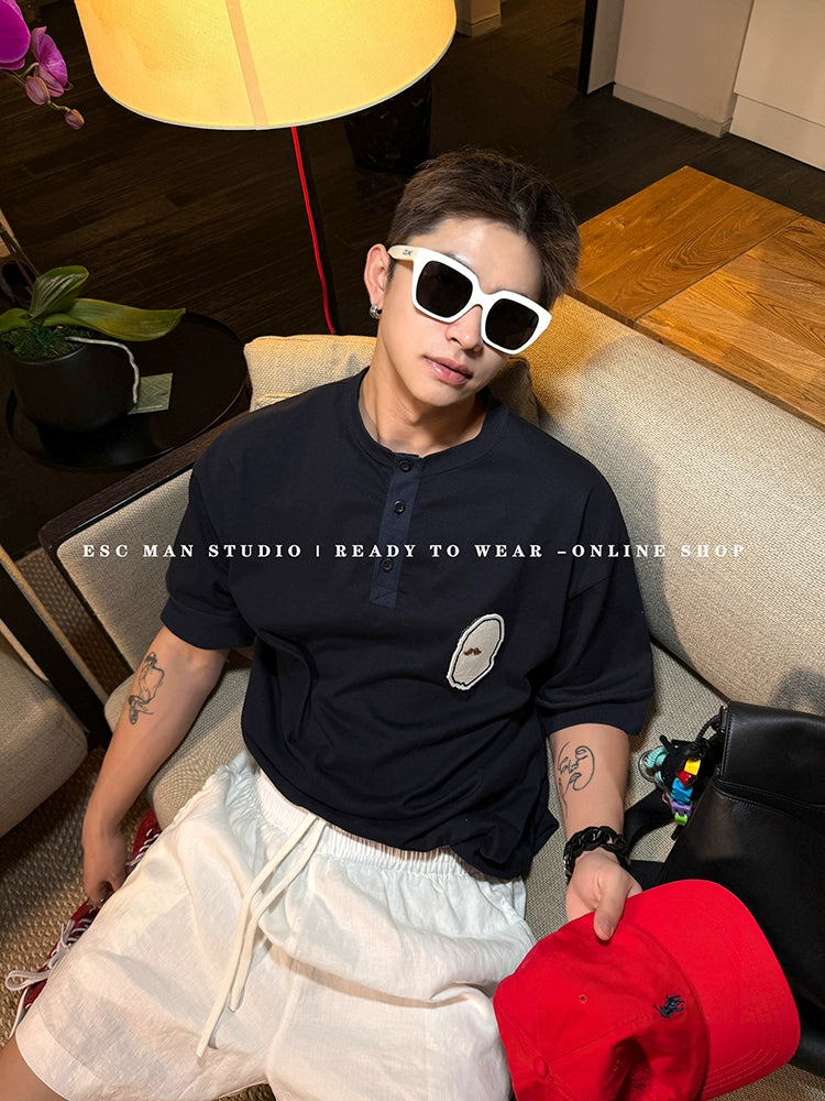 Printed Pattern Henley Neck T-shirt