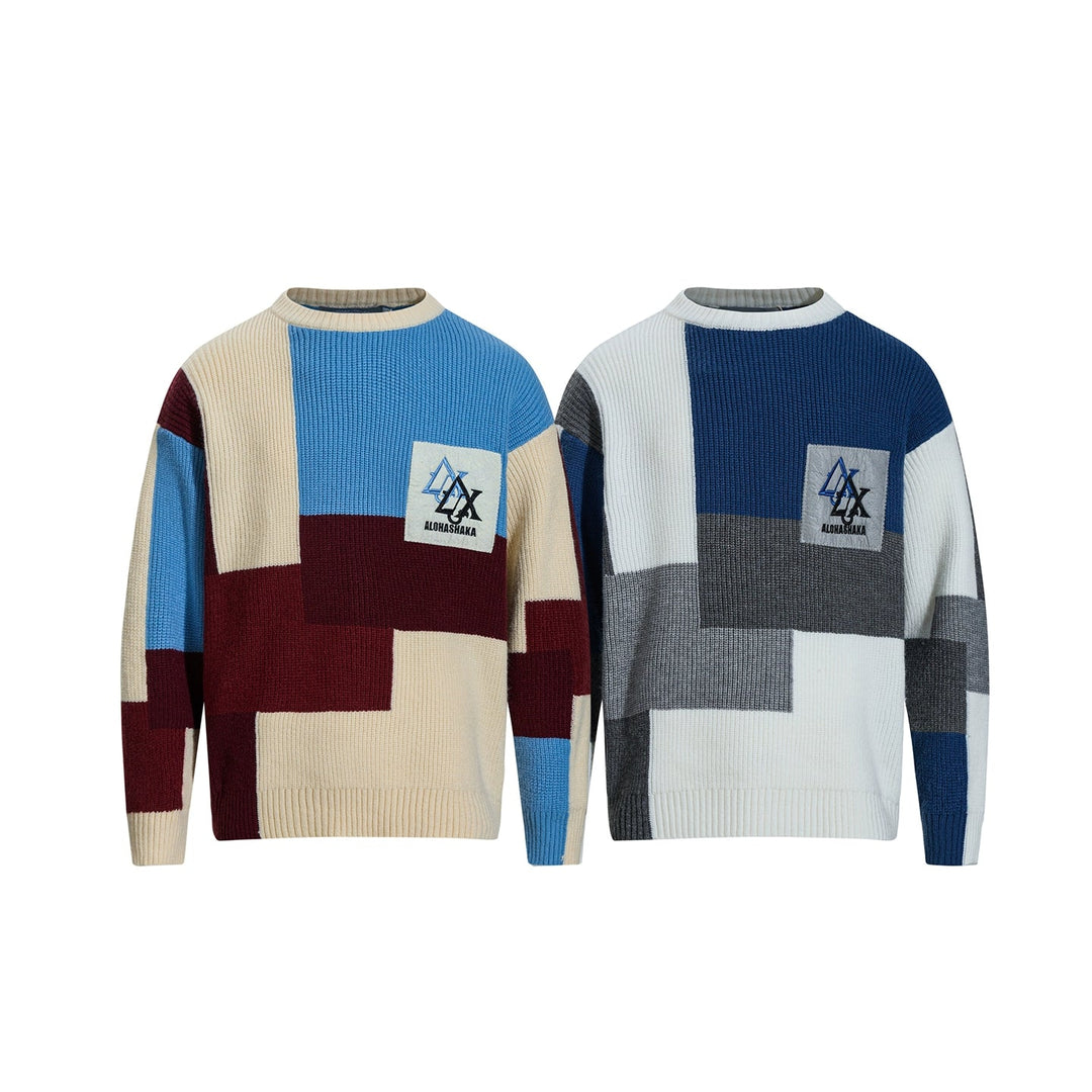 Patchwork Knit Crewneck Sweater