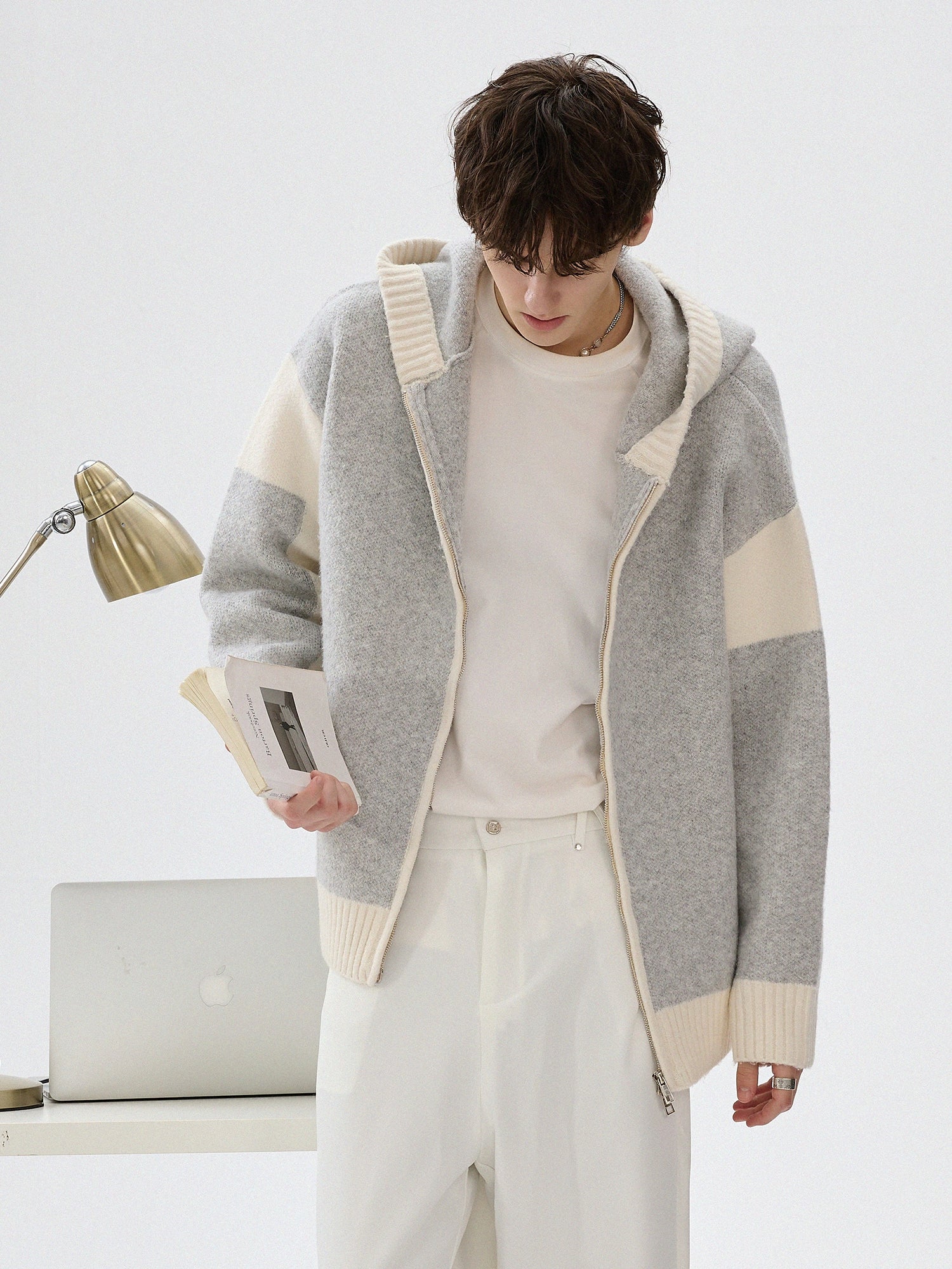 Velvet Hooded Knit Sweater Jacket