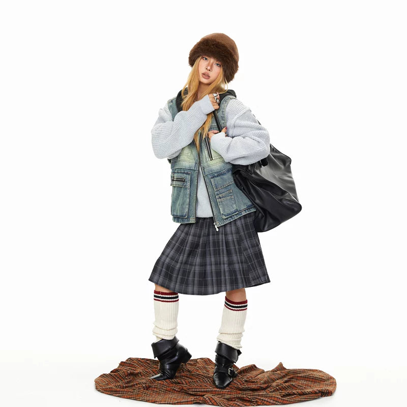 Washed Distressed Denim Hooded Vest