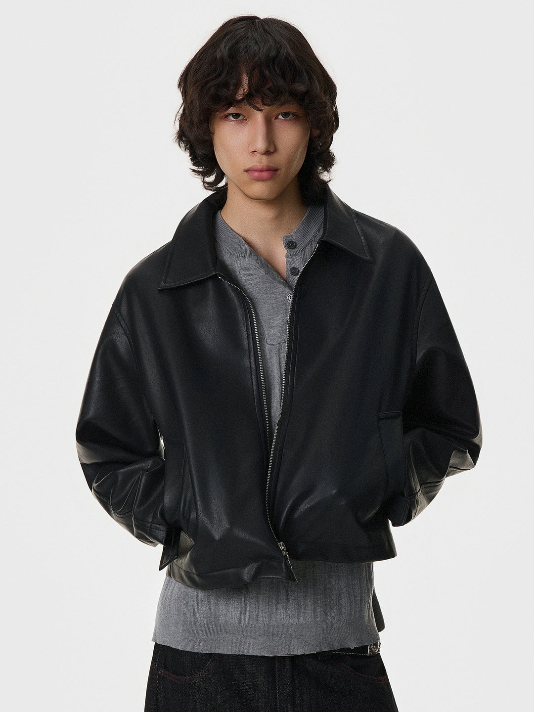 Lined Bomber Leather Short Jacket