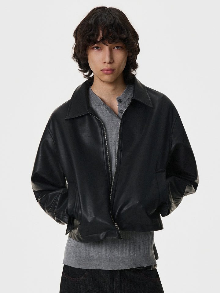 Lined Bomber Leather Short Jacket