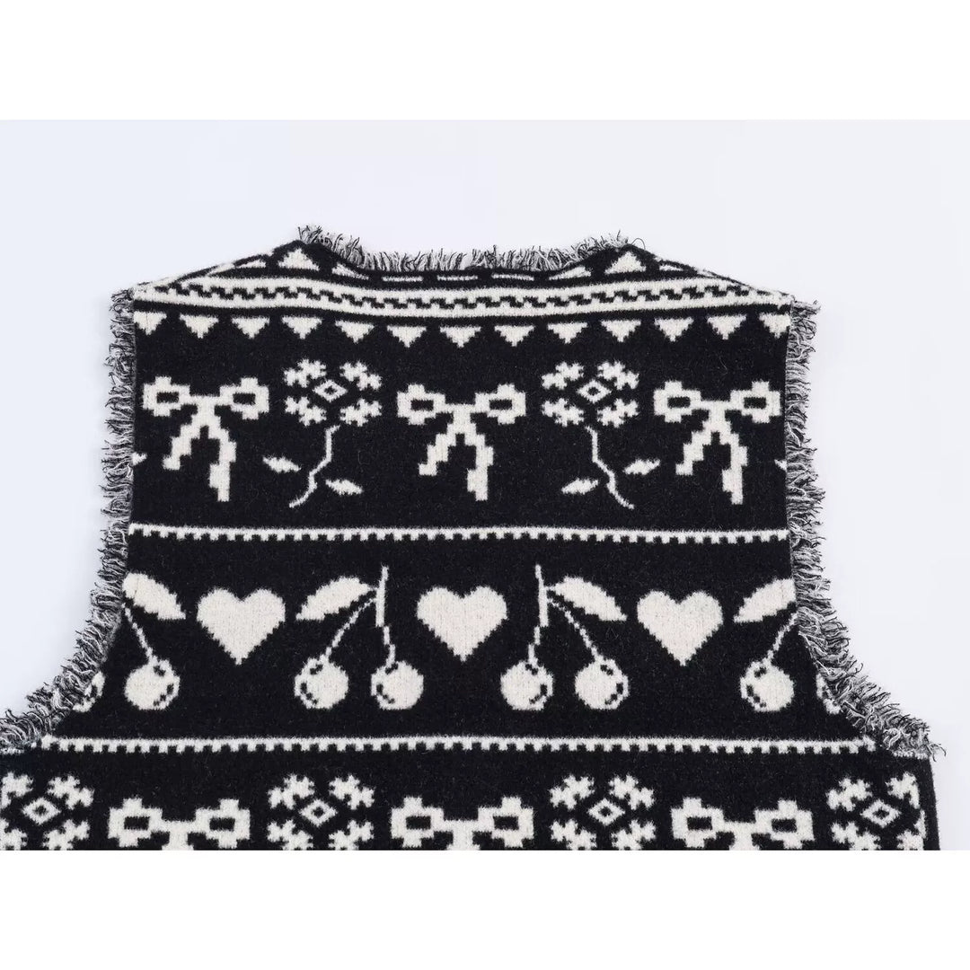 Colete de V-Neck Tricot Jacquard com Franjas de Cereja 