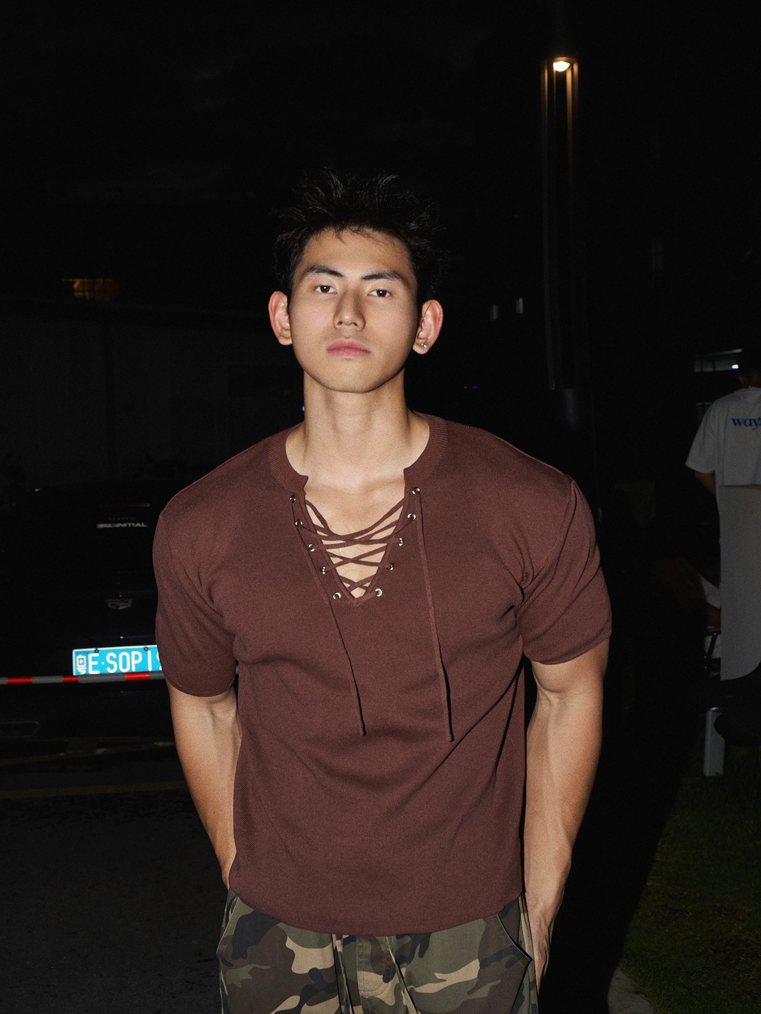 V-Ausschnitt Schnürung Kurzarm Strickpullover 