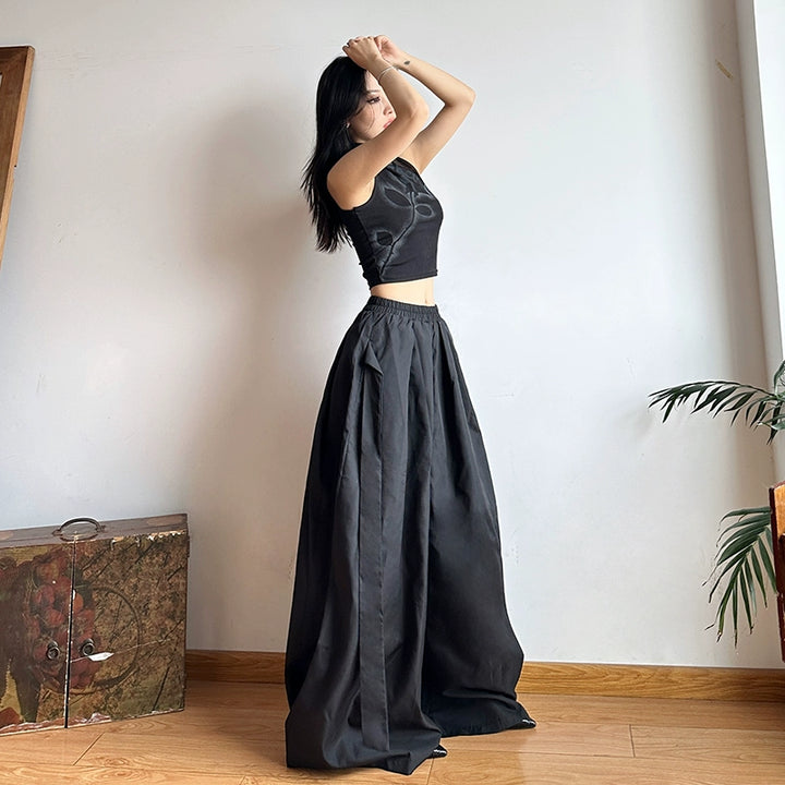 Elastische High-Waist-Hosen mit weitem Bein 