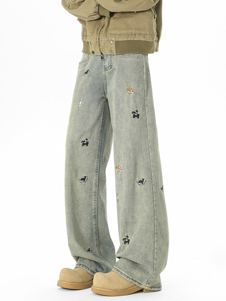 Embroidered Wide-Leg Jeans with Puppies