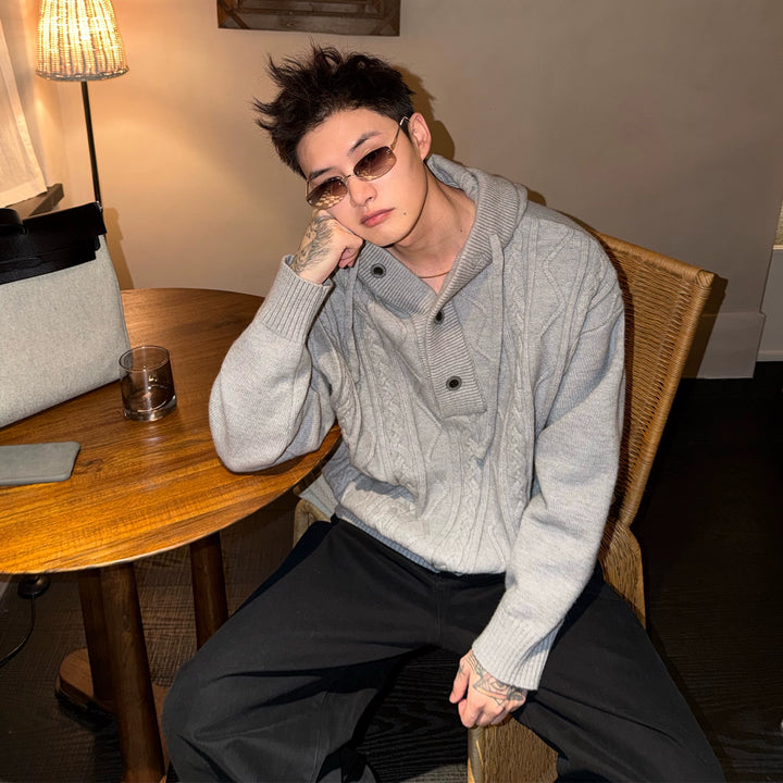 Hooded Cable Knit Button Sweater