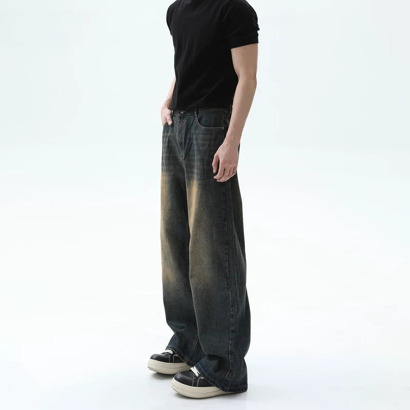 Washed Straight-Leg Wide-Leg Pants