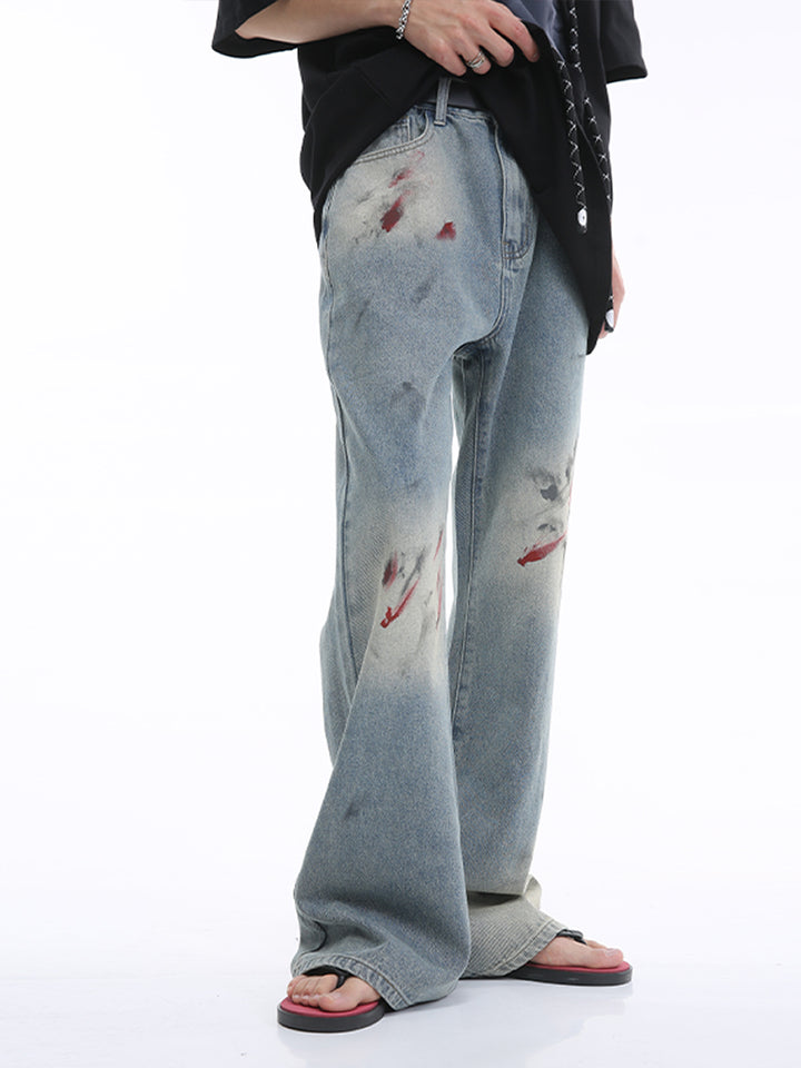 Ink-Splashed Flared Mid-Waist Pants