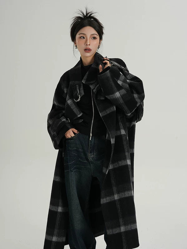 Платье из шерсти с длинным клетчатым пальто и стоячим воротником 