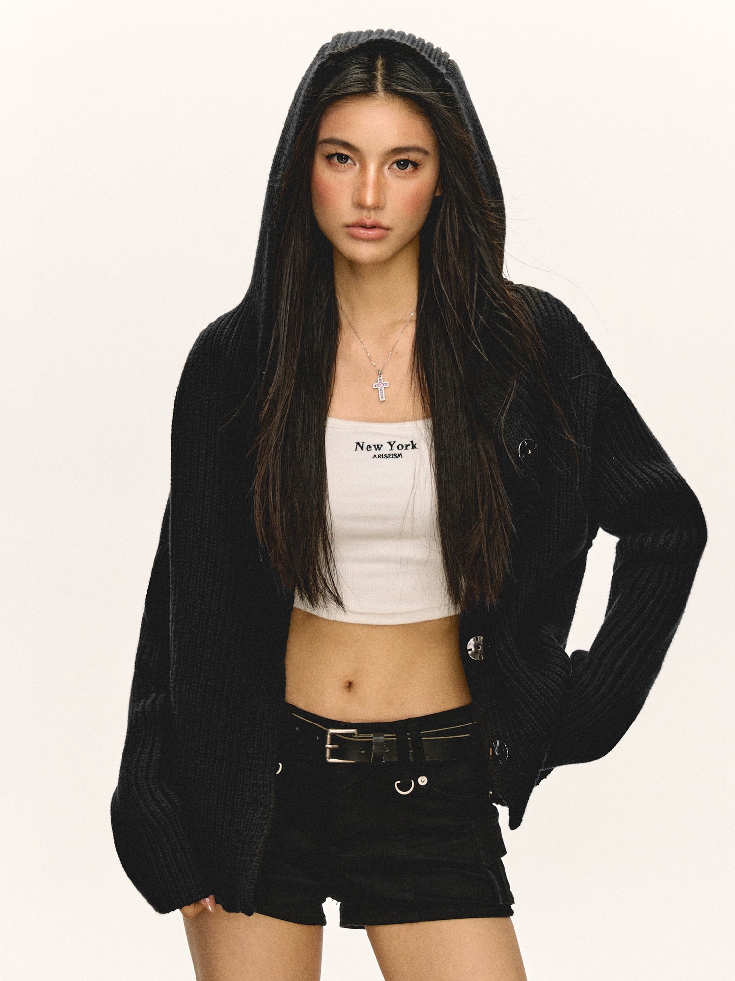 Ribbed Knit Hooded Sweatshirt