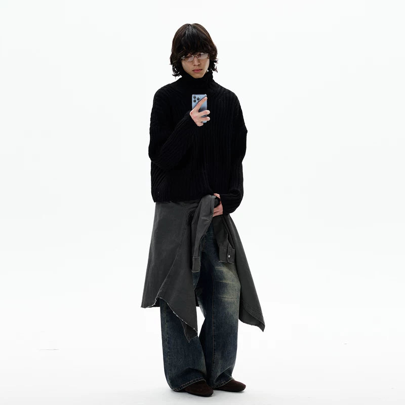 Suéter de Gola Alta Tricot Retro Desfiado 