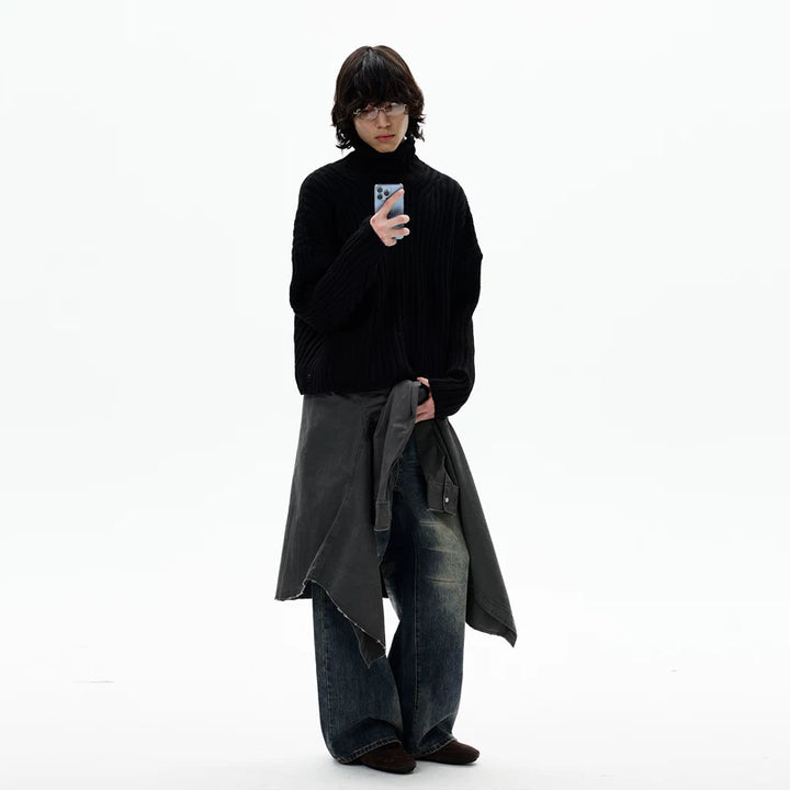 Suéter de Gola Alta Tricot Retro Desfiado 