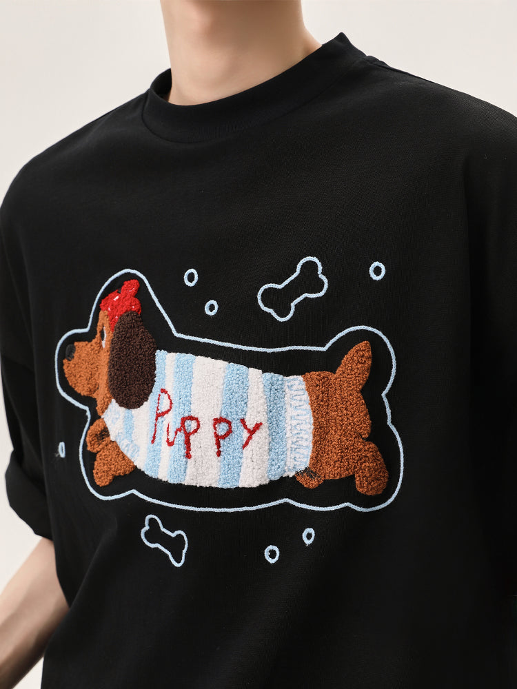 Cartoon Puppy Embroidered Short Sleeve T-shirt