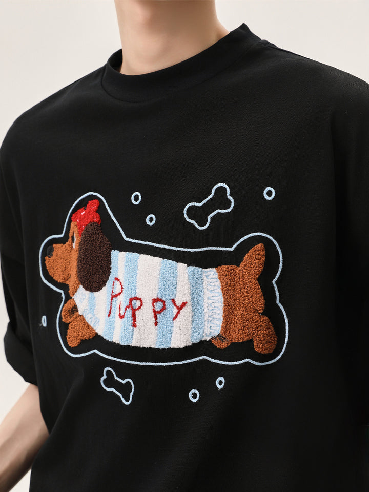 Cartoon Puppy Embroidered Short Sleeve T-shirt