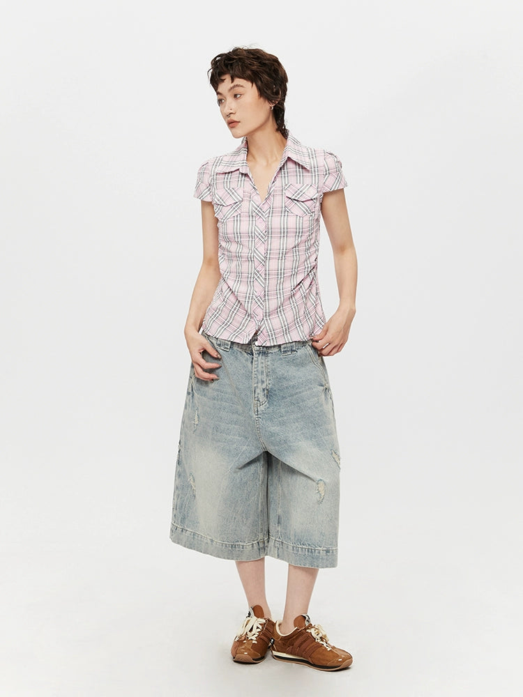 Chemise ajustée à boutons à manches courtes à carreaux 
