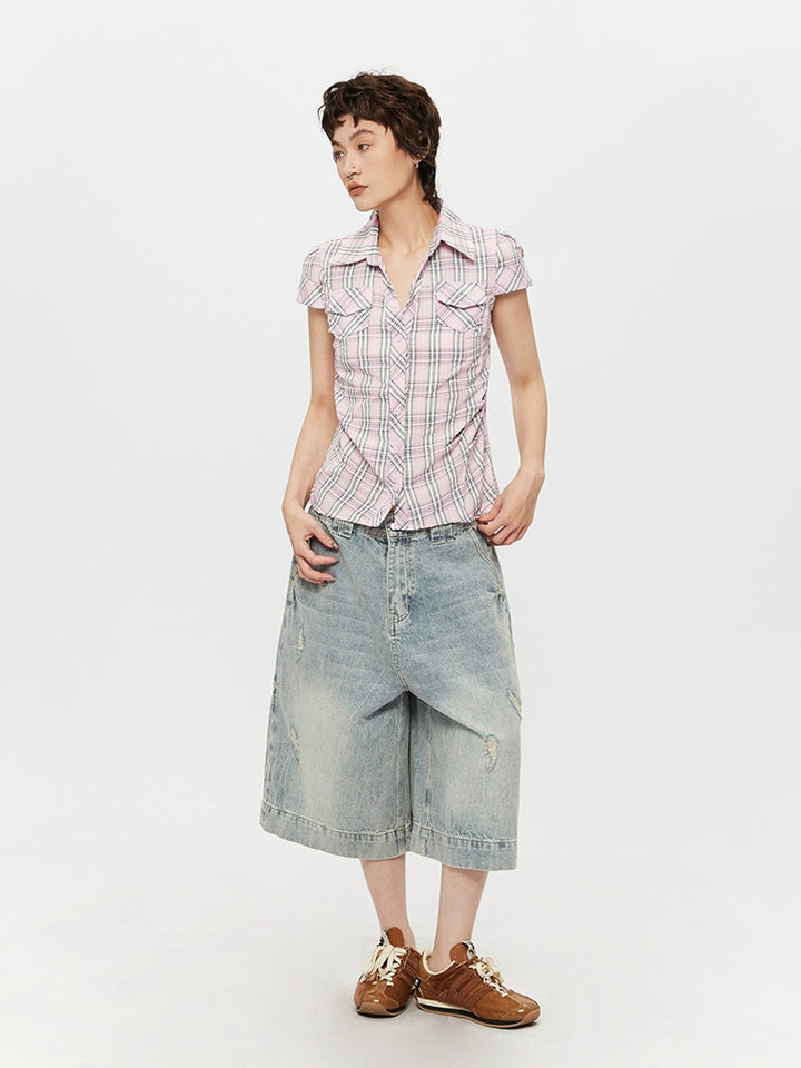 Chemise ajustée à boutons à manches courtes à carreaux 