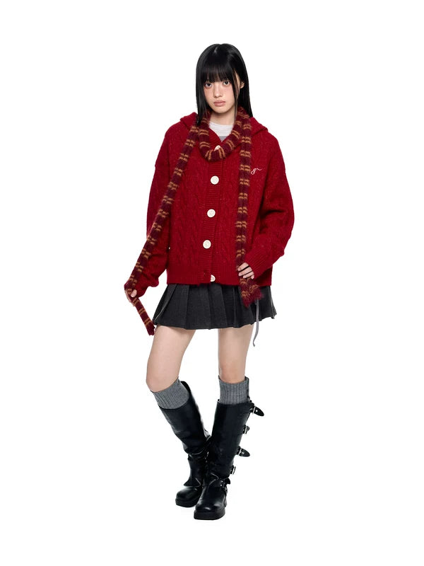 Cardigan con cappuccio e bottoni in maglia a treccia 