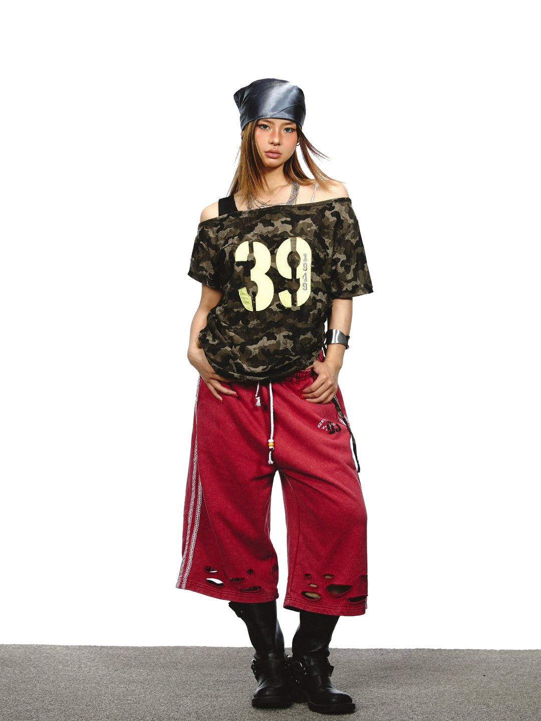 Washed Drawstring Ripped Seven-Point Pants