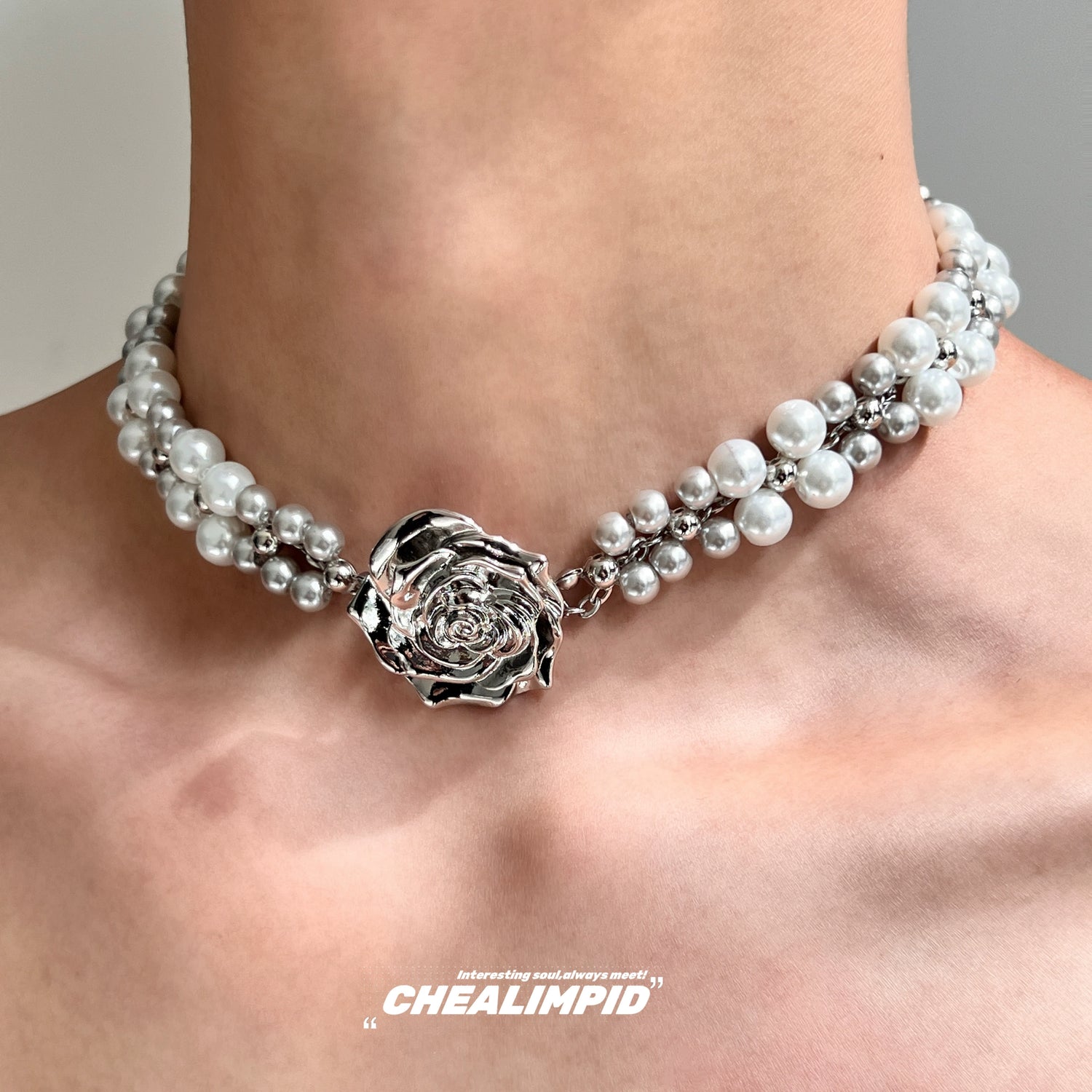 Stacked Pearl Rose Choker