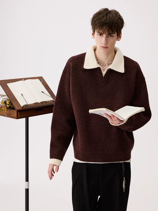 Свитер с двойным воротником и V-образным вырезом 