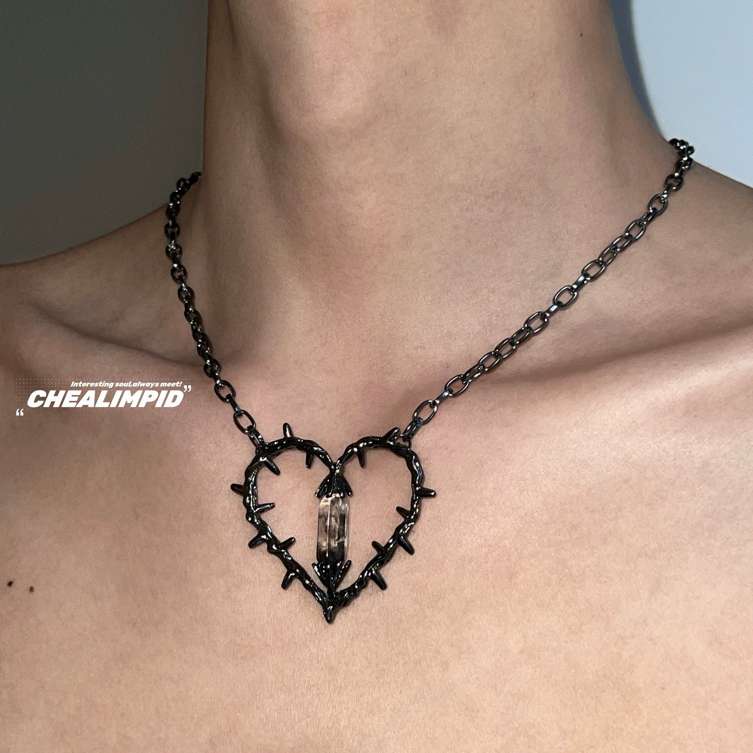 Barbed Heart Gem Pendant Punk Necklace