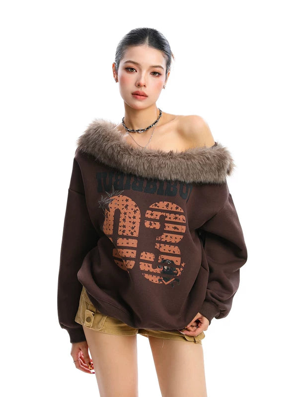 Sudadera off-shoulder con cuello de piel sintética desmontable 