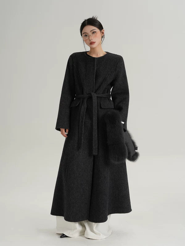 Long Wool Coat with Fur Collar