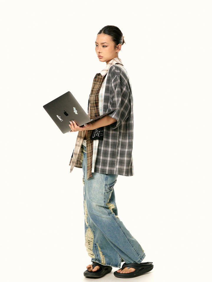 Patchwork Plaid Short Sleeve Shirt