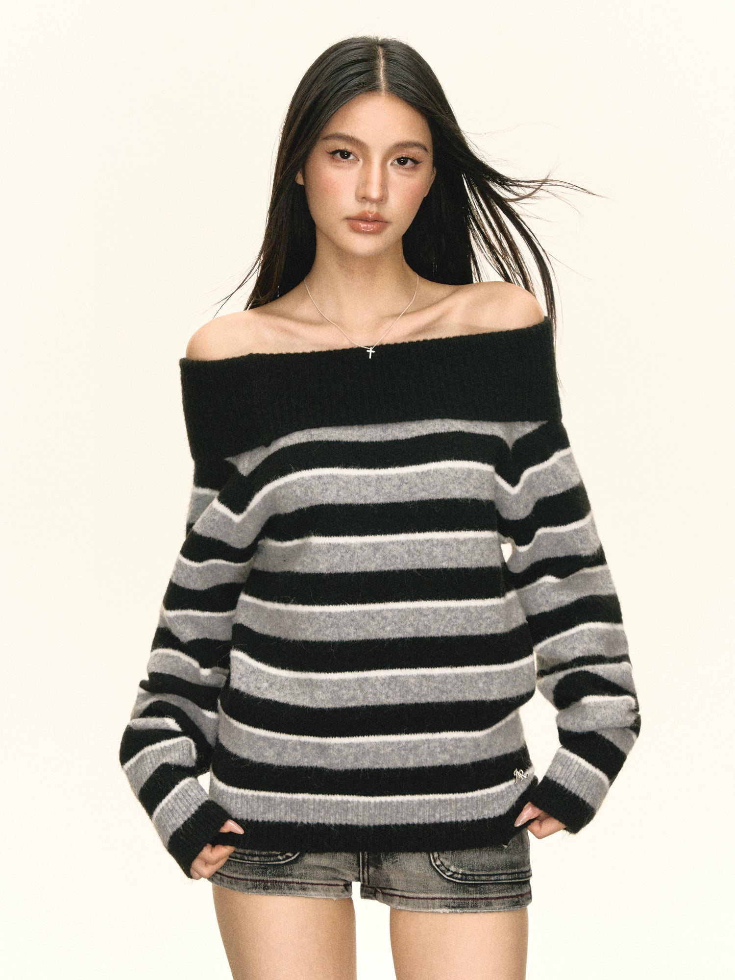 Off Shoulder Striped Knit Sweater