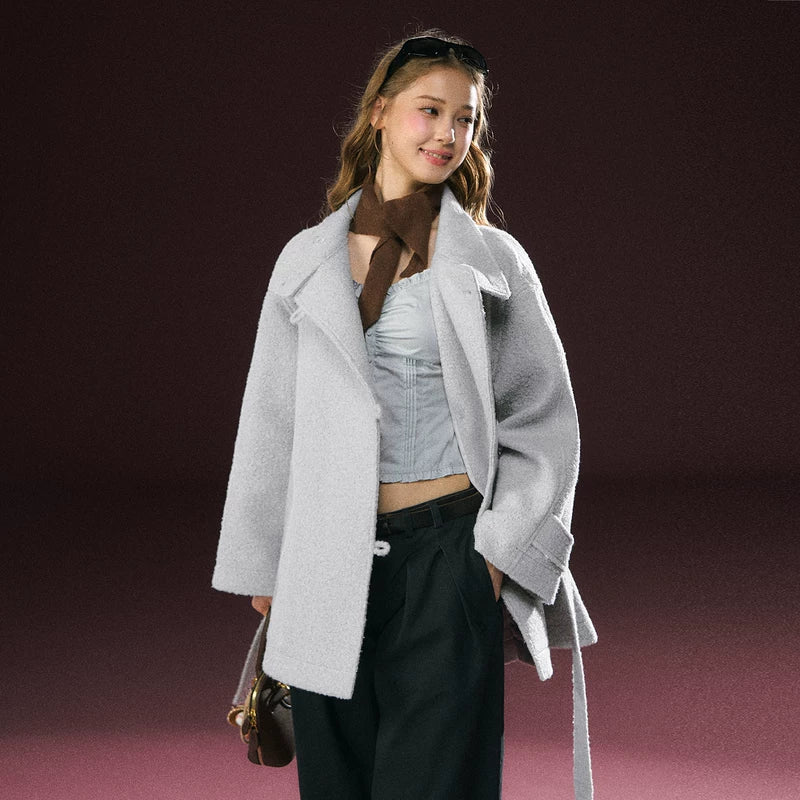 Belted Stand Collar Short Coat