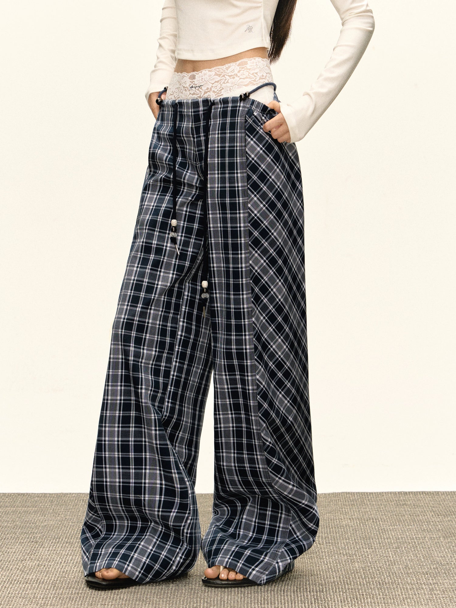 Plaid Lace Trim Wide Leg Pants