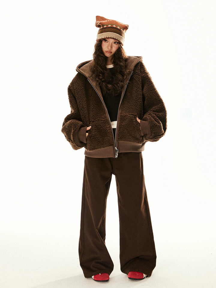 Giacca reversibile in suede con fodera in sherpa e cappuccio 