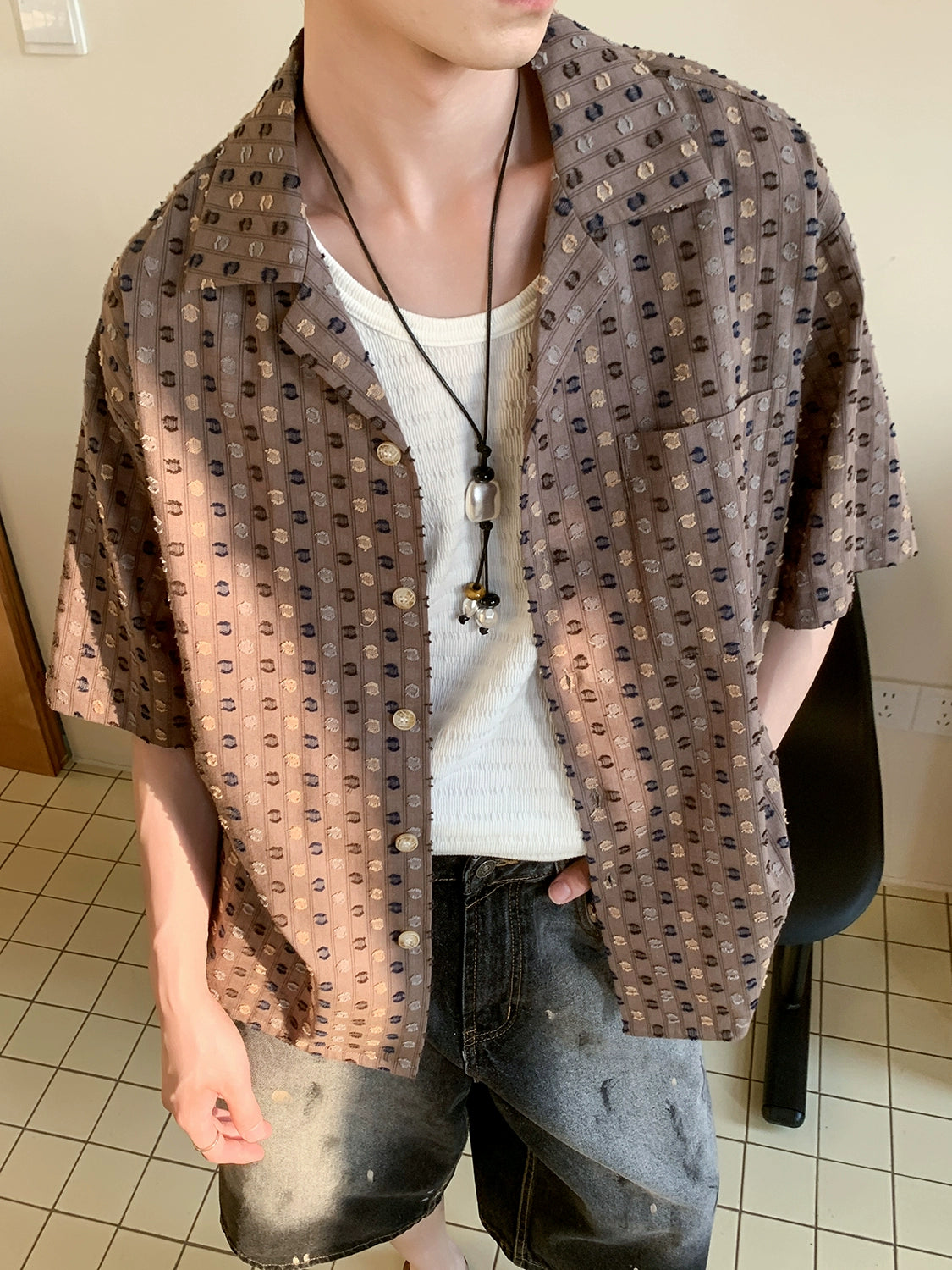 Chemise à col cubain en jacquard à manches courtes 